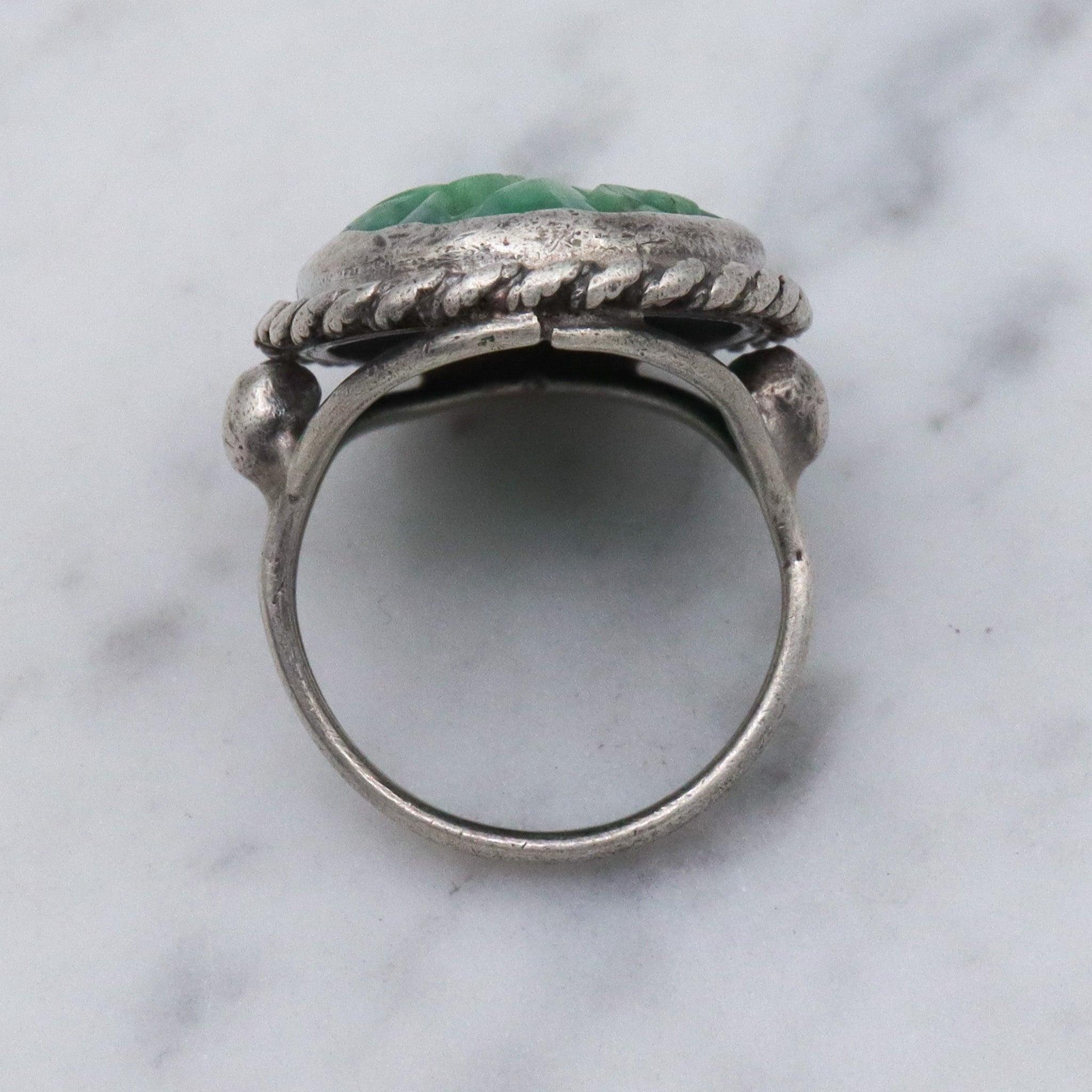 Antique Asian carved jade sterling silver ring, sz 6.75